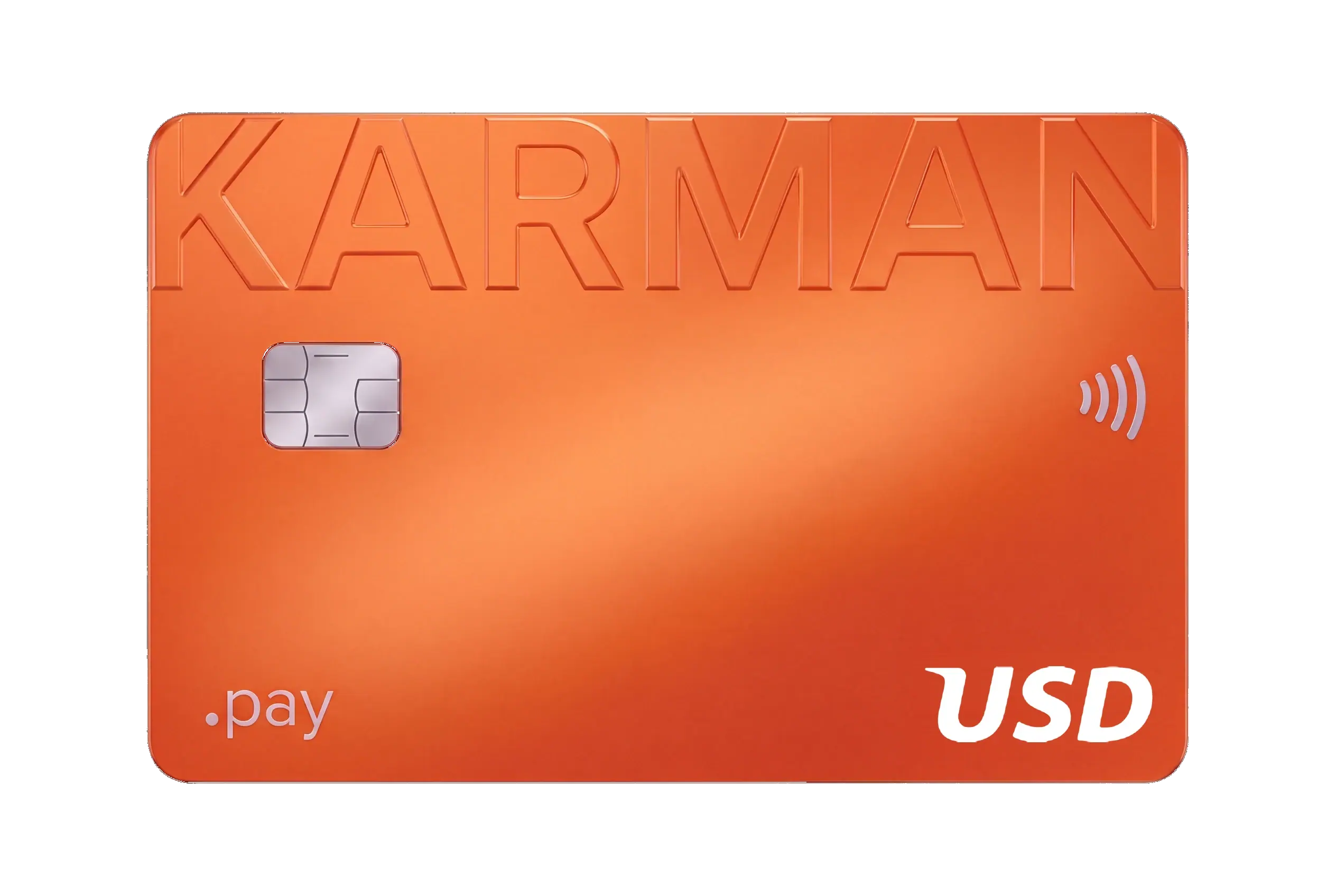 Оранжевая карта Karman.pay под углом: видны чип и дуги NFC