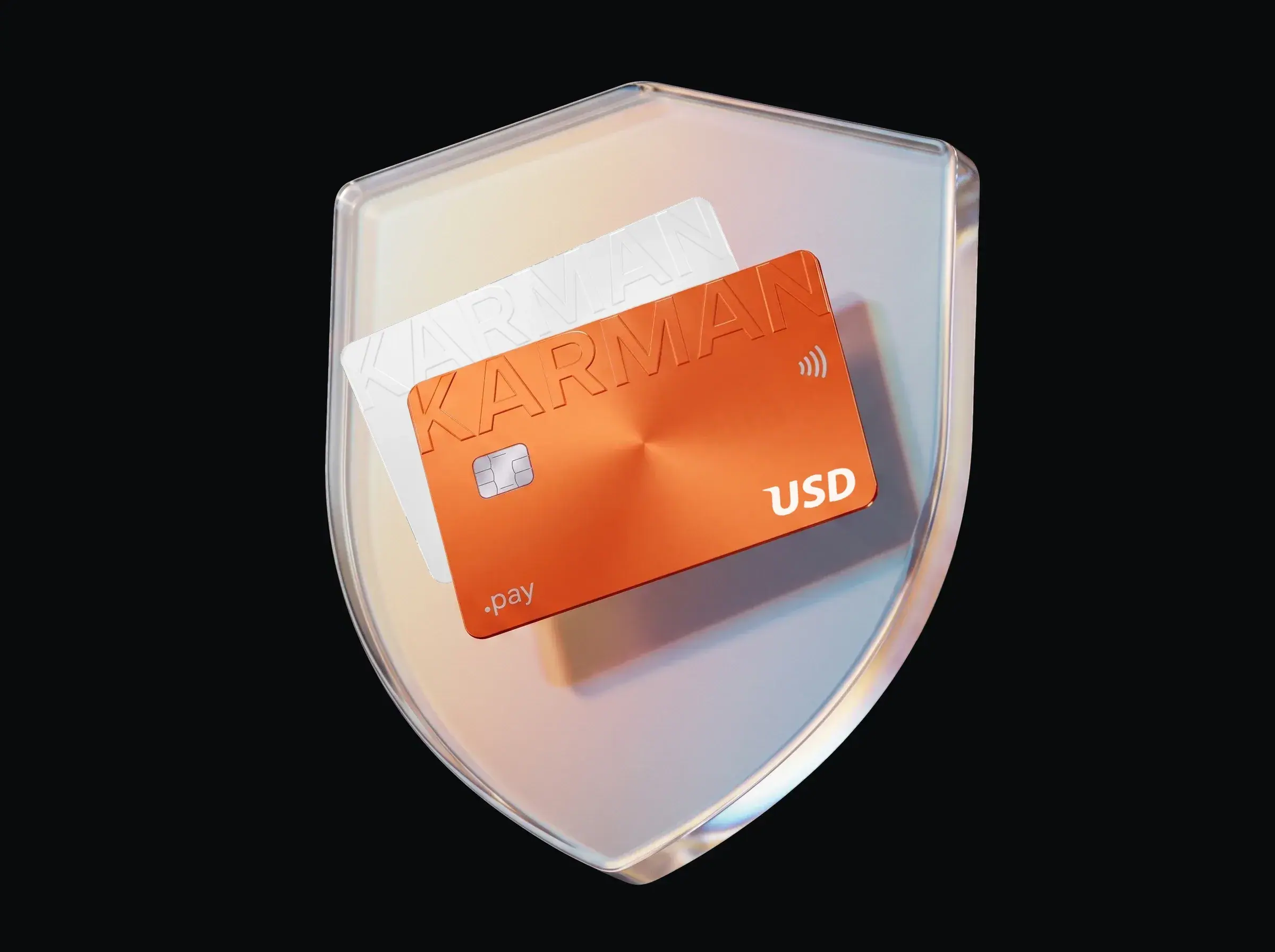 Стеклянный щит, внутри него две карты Karman.pay — белая и оранжевая